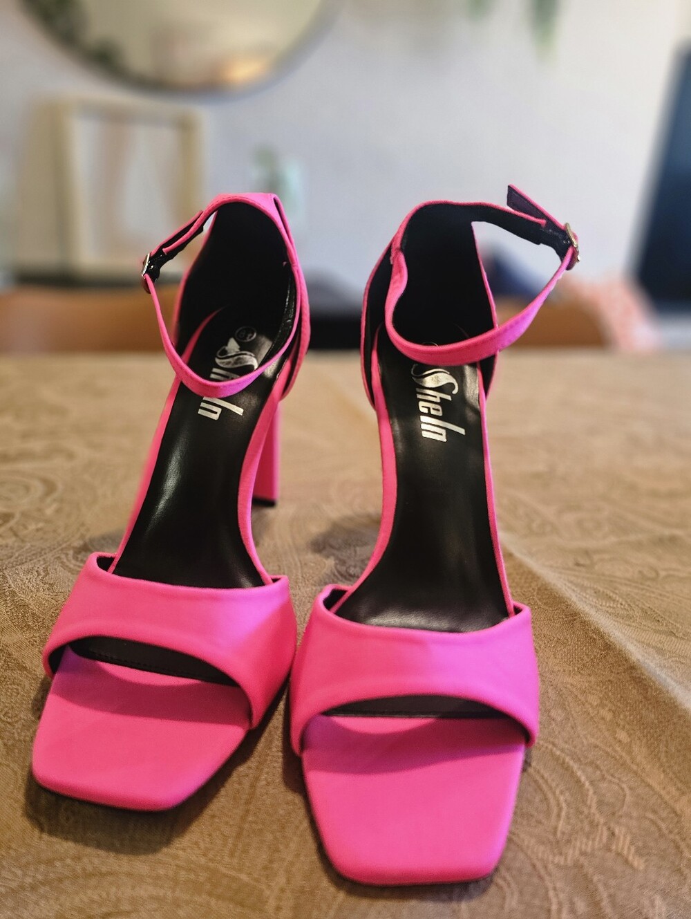 Pink Neon Ankle Strap Block Heel Sandals Women's Size 8.5